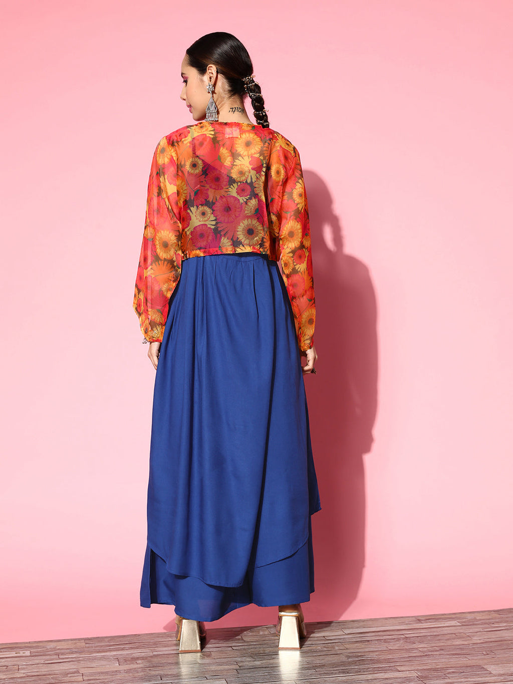 InWeave Women's Ink Blue Strappy Set With Pink Mustard Print Short Organza Cape | Grocsy