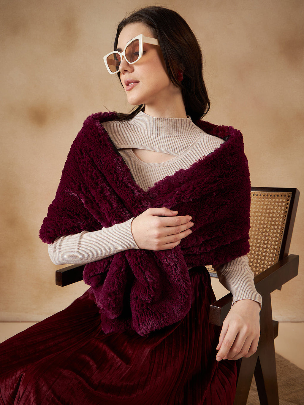 InWeave Women's Burgundy Long Faux Fur Cape | Grocsy