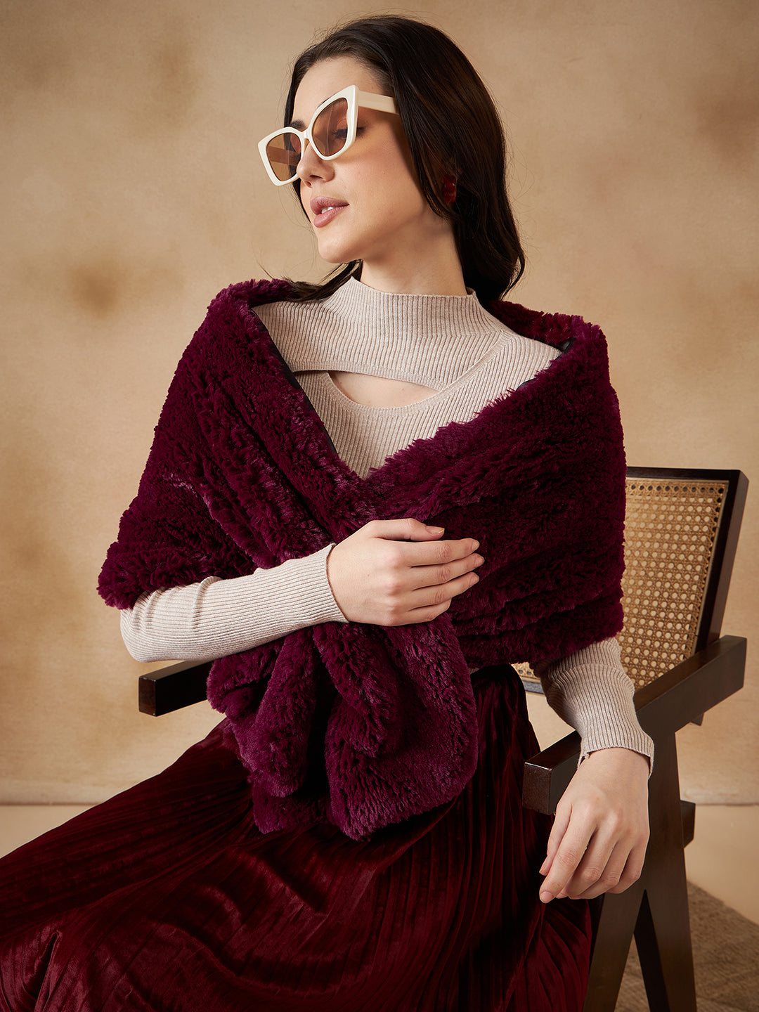 InWeave Women's Burgundy Long Faux Fur Cape | Grocsy