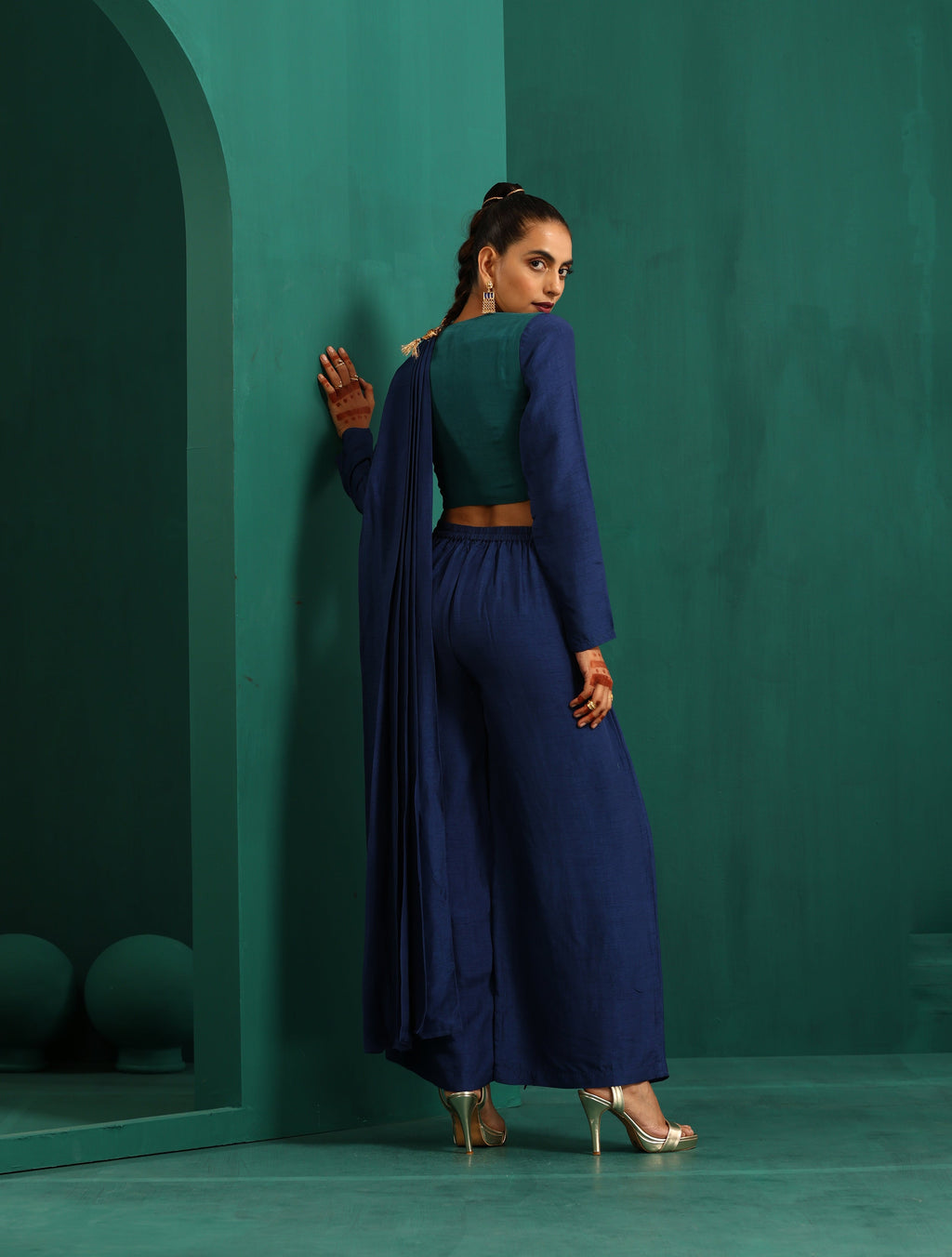 trueBrowns Teal Silk Full Sleeve Blouse | Grocsy