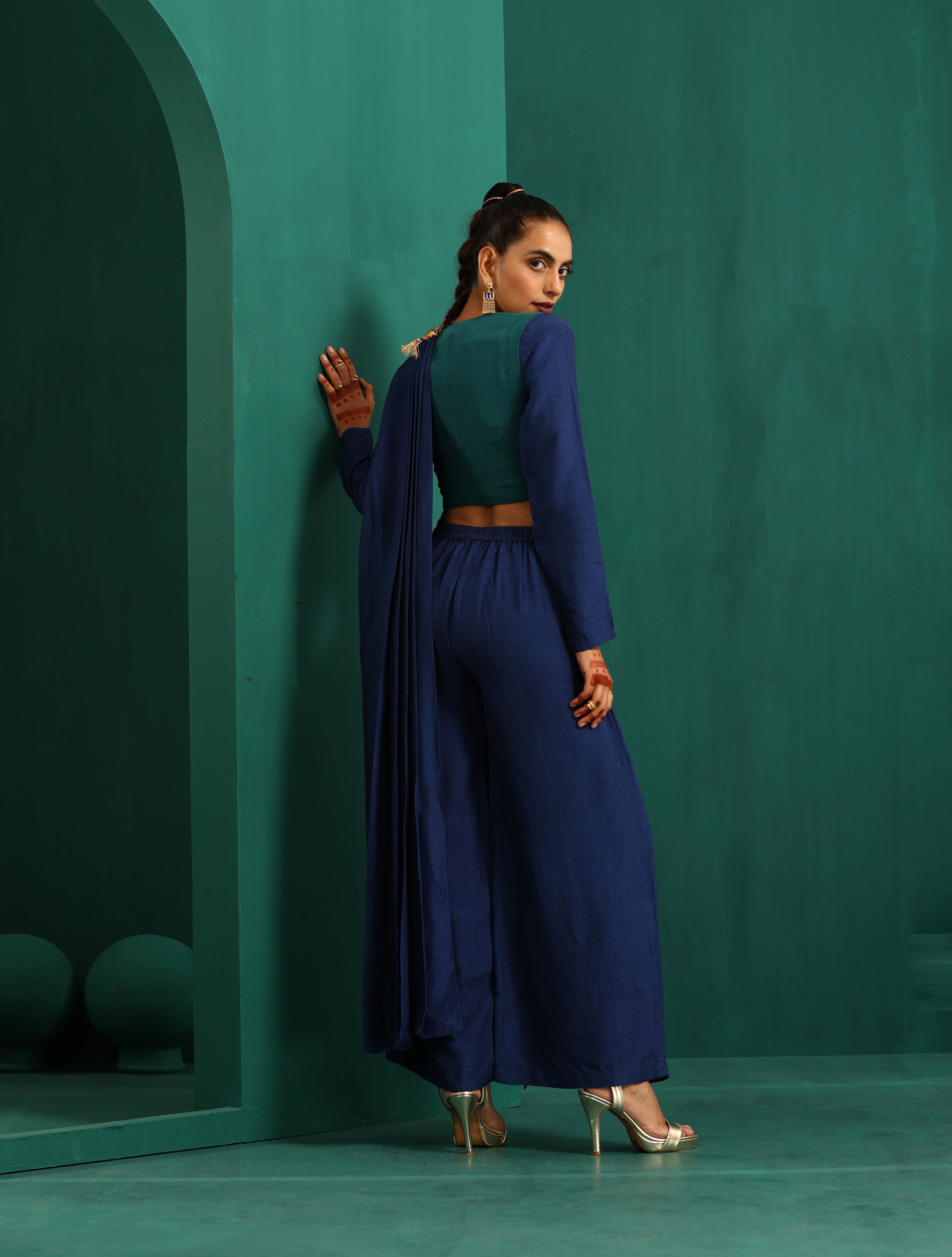 trueBrowns Teal Silk Full Sleeve Blouse | Grocsy