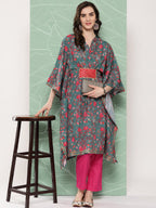 Ahalyaa Women Floral Printed Flared Sleeves Gotta Patti Crepe Kaftan Kurta | Grocsy