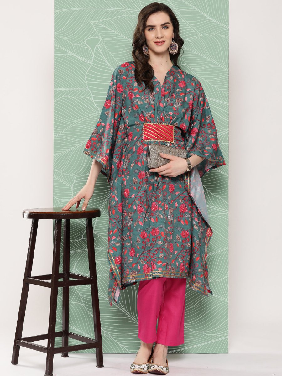 Ahalyaa Women Floral Printed Flared Sleeves Gotta Patti Crepe Kaftan Kurta | Grocsy