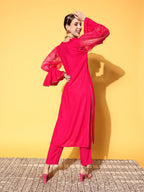 InWeave Women's Fuschia Organza Sleeve Gota Work Kurta Set | Grocsy