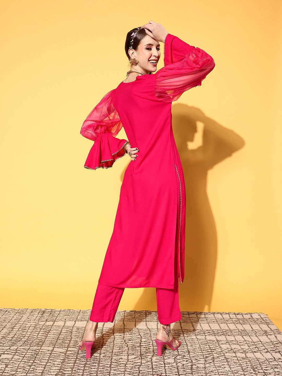 InWeave Women's Fuschia Organza Sleeve Gota Work Kurta Set | Grocsy
