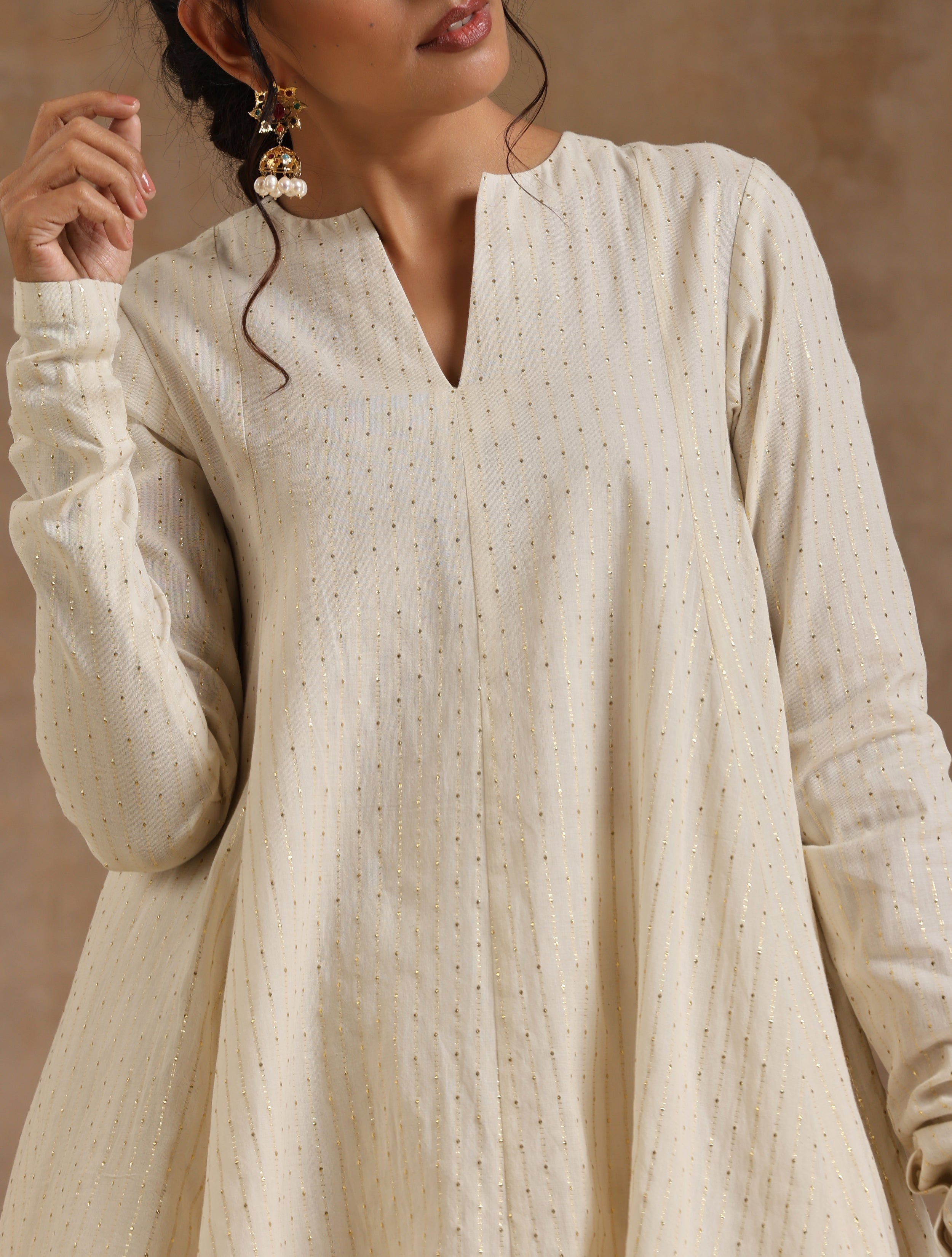 trueBrowns Ivory Gold Cotton Flared Co-Ord Set | Grocsy