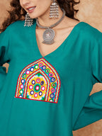 InWeave Women's Teal Trangle Yellow Patch Work Assymentrical Kurta Set | Grocsy