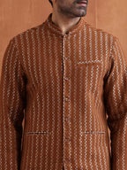 trueBrowns Men's Brown Cotton Dobby Long Jacket | Grocsy