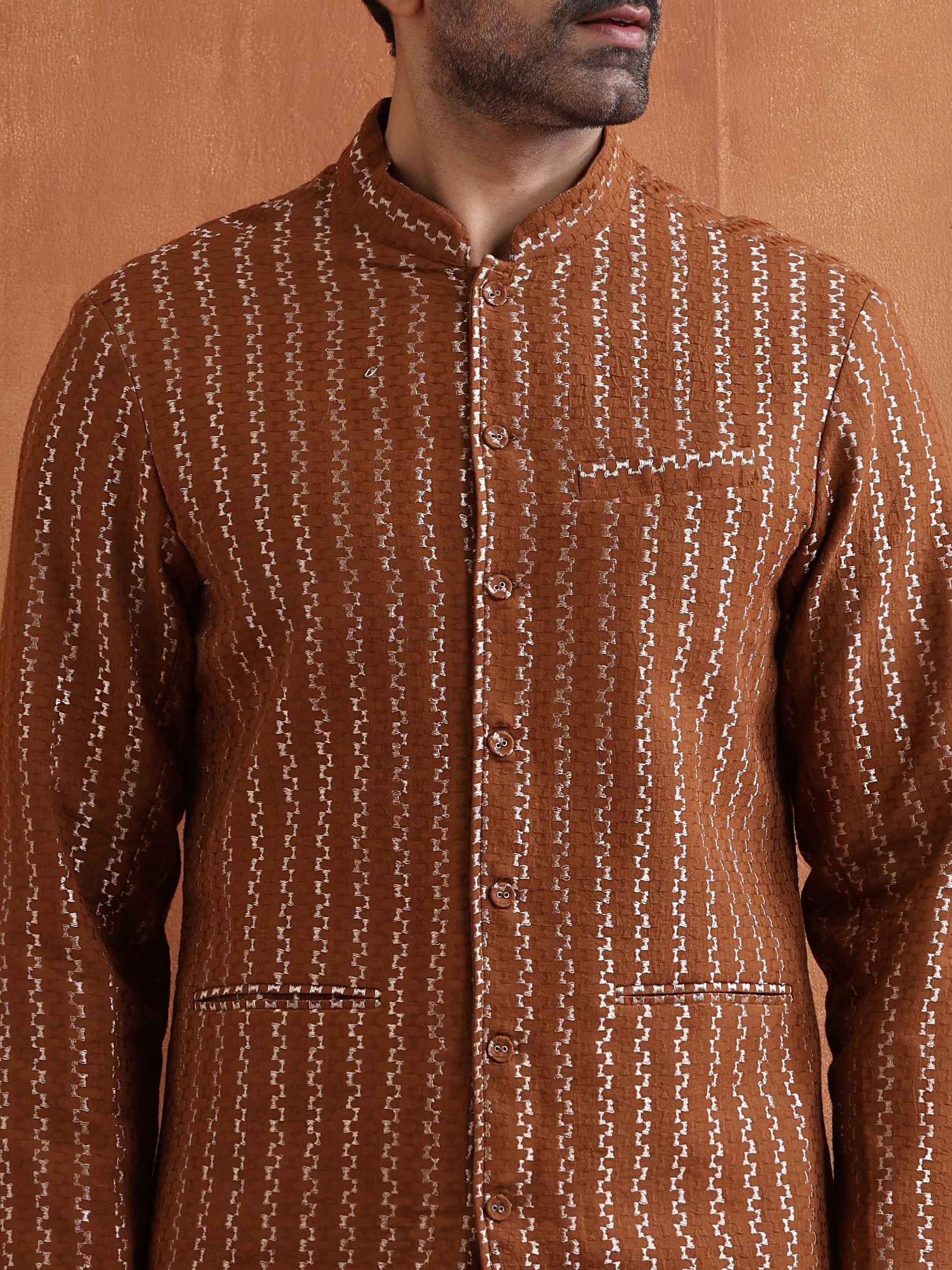 trueBrowns Men's Brown Cotton Dobby Long Jacket | Grocsy