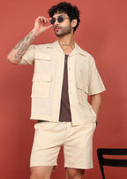 Fabmade Men Beige Cotton Linen Coort-Set Shorts | Grocsy