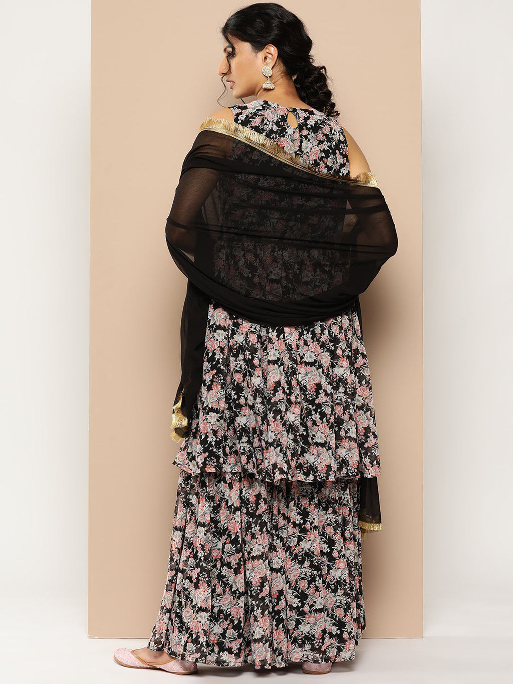 KSUT (House of Varanga) Black Printed Anarkali Kurta Paired With Sharara And Plain Tonal Dupatta | Grocsy