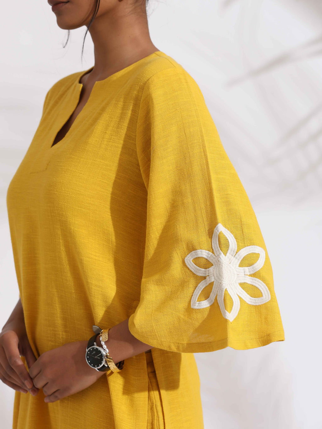 trueBrowns Yellow Cotton Slub Embroidered Straight Kurta Set | Grocsy