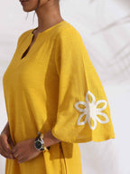 trueBrowns Yellow Cotton Slub Embroidered Straight Kurta Set | Grocsy