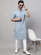 Even Apparels Blue Pure Cotton Kurta With Band Collar | Grocsy