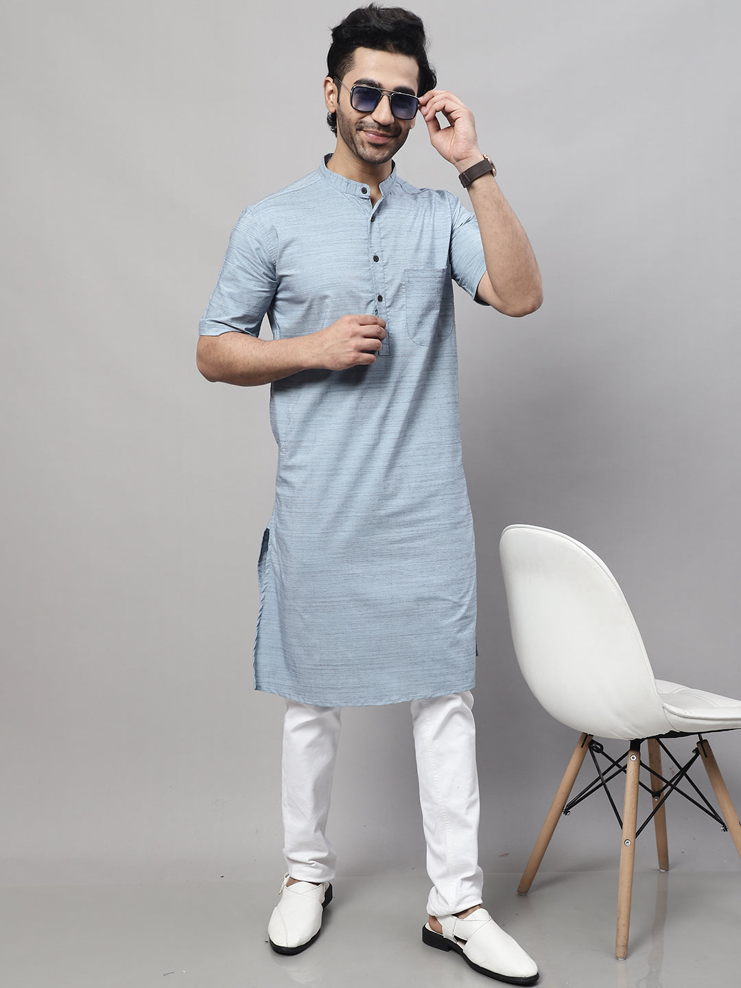 Even Apparels Blue Pure Cotton Kurta With Band Collar | Grocsy