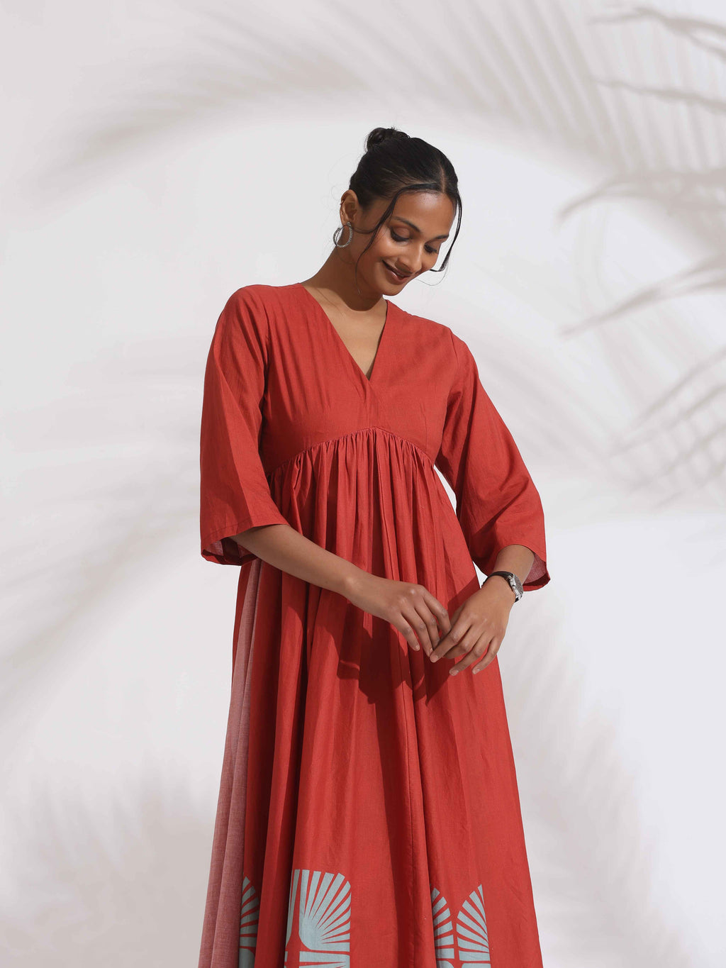 trueBrowns Red Cotton Print Flared Kurta Set | Grocsy