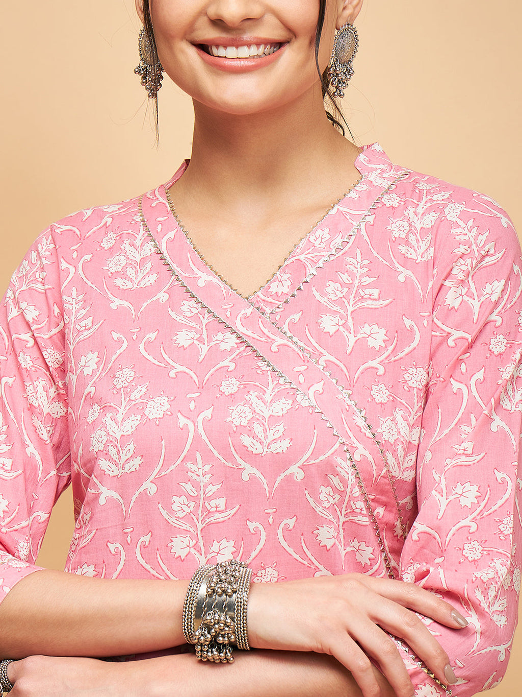 InWeave Women's Light Pink Floral Print Straight Angrakha Gota Kurta | Grocsy