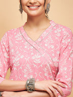 InWeave Women's Light Pink Floral Print Straight Angrakha Gota Kurta | Grocsy