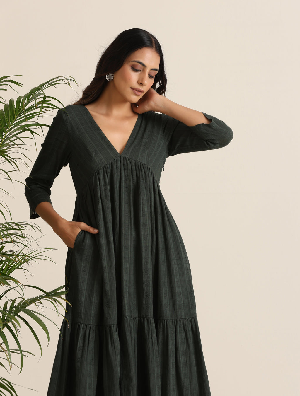 trueBrowns Charcoal Cotton Dobby Tiered Dress | Grocsy