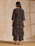 trueBrowns Black Fish Bagru Print Cotton Angrakha Pant Set | Grocsy