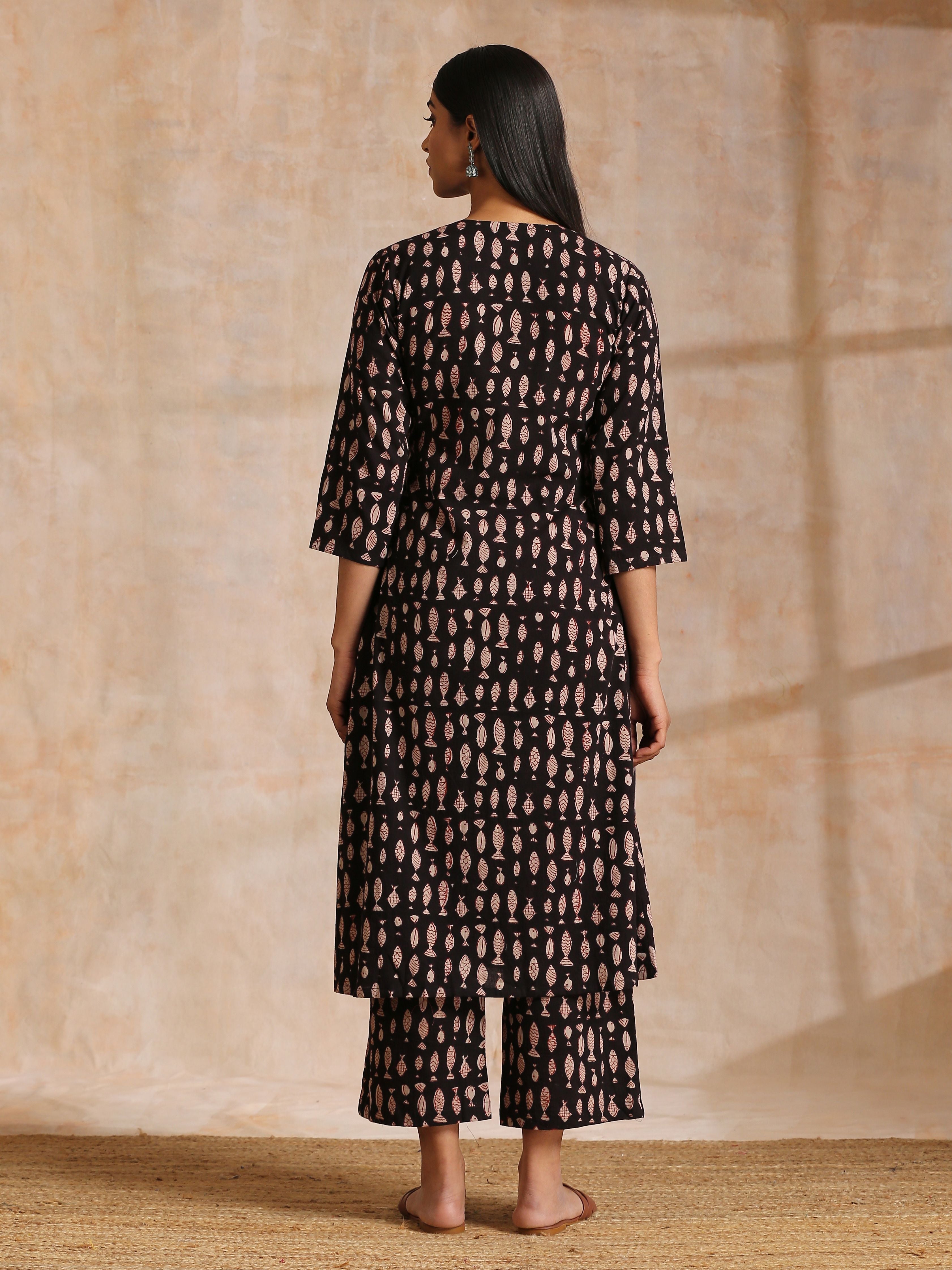 trueBrowns Black Fish Bagru Print Cotton Angrakha Pant Set | Grocsy