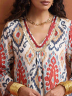 trueBrowns Off White Ikat Print Kurta Set | Grocsy