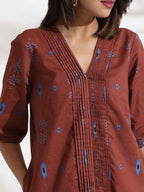 trueBrowns Brown Cotton Print pleated Dress | Grocsy