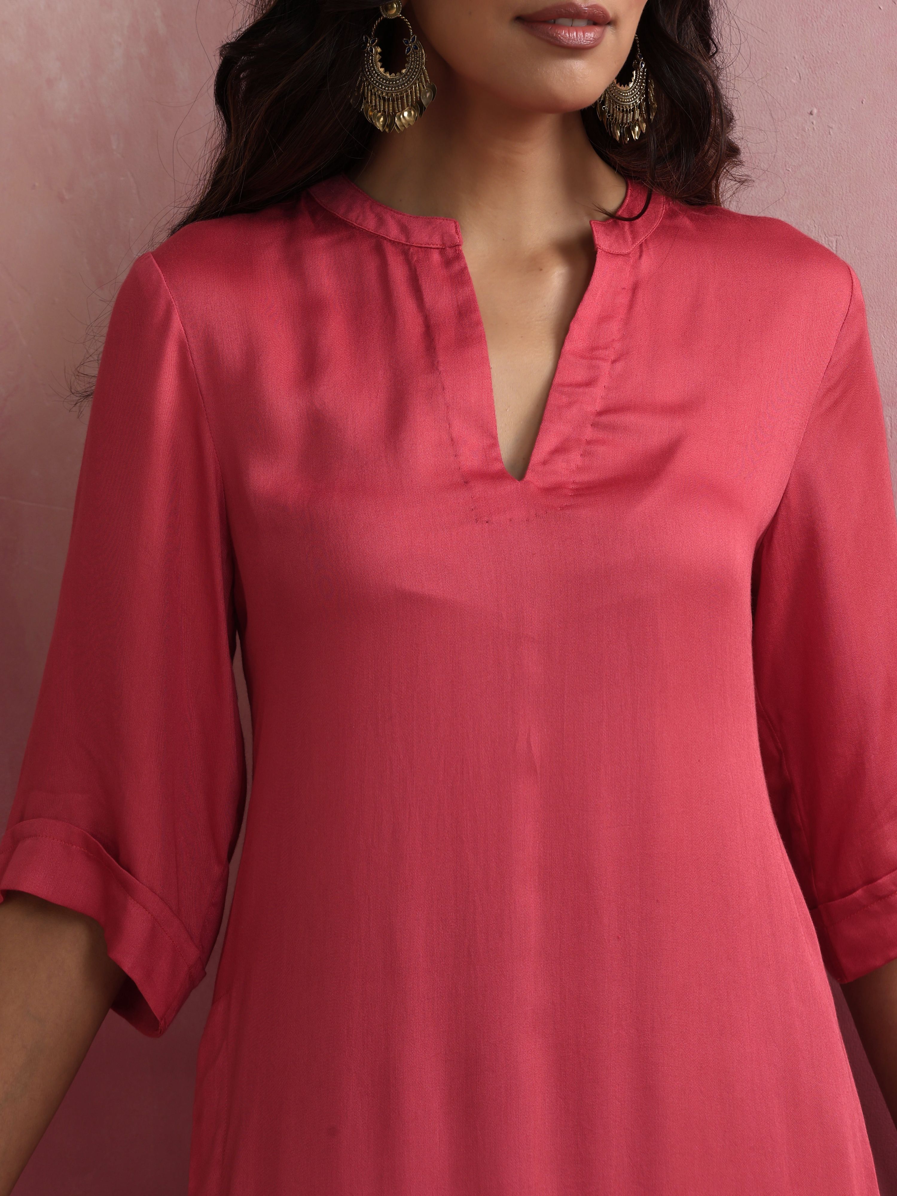 trueBrowns Red Modal Straight Fit Kurta Set | Grocsy