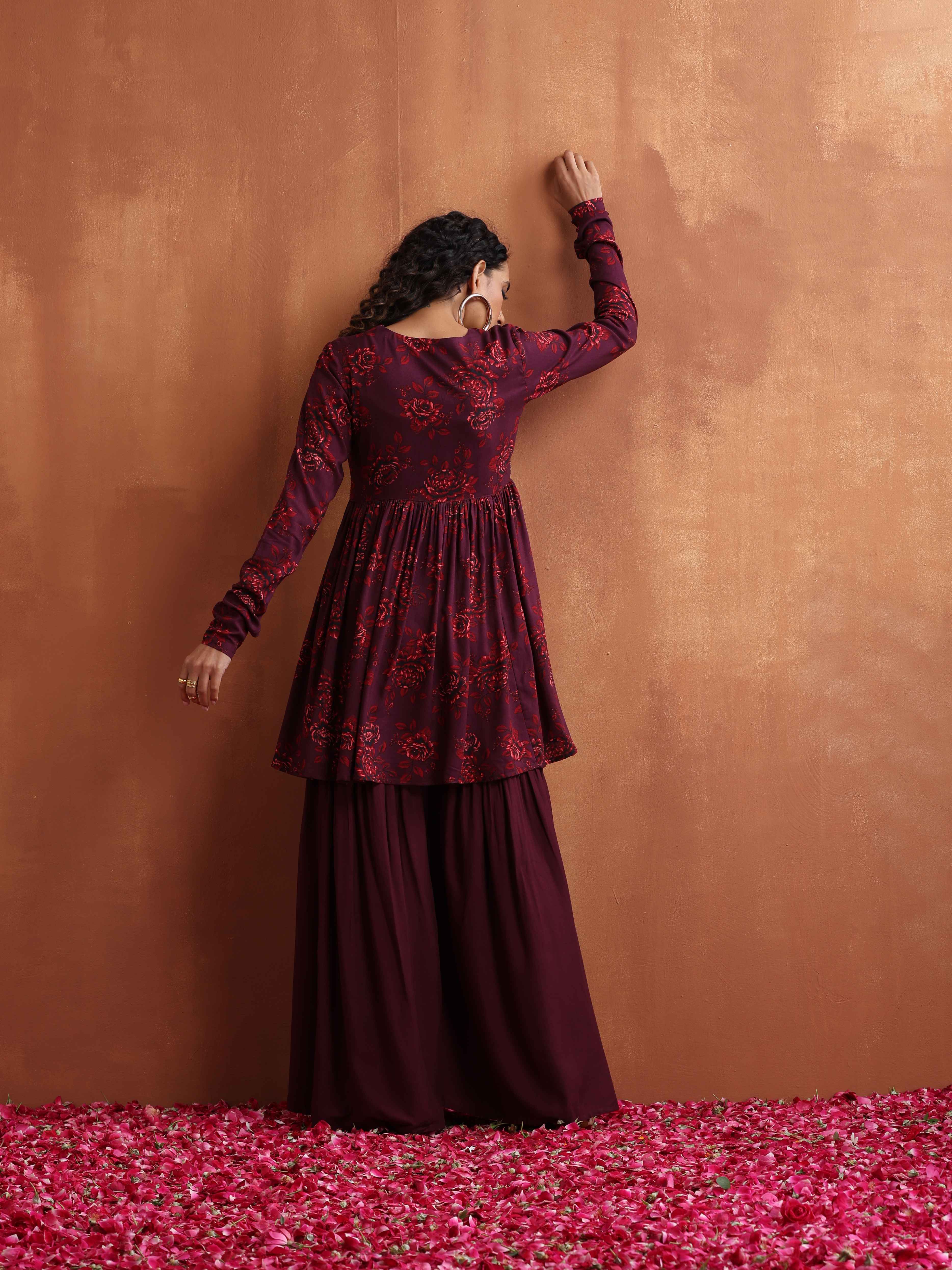 trueBrowns Purple Floral Print Sharara Set | Grocsy