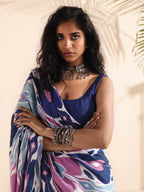 trueBrowns Blue Purple Muslin Ikat Saree | Grocsy