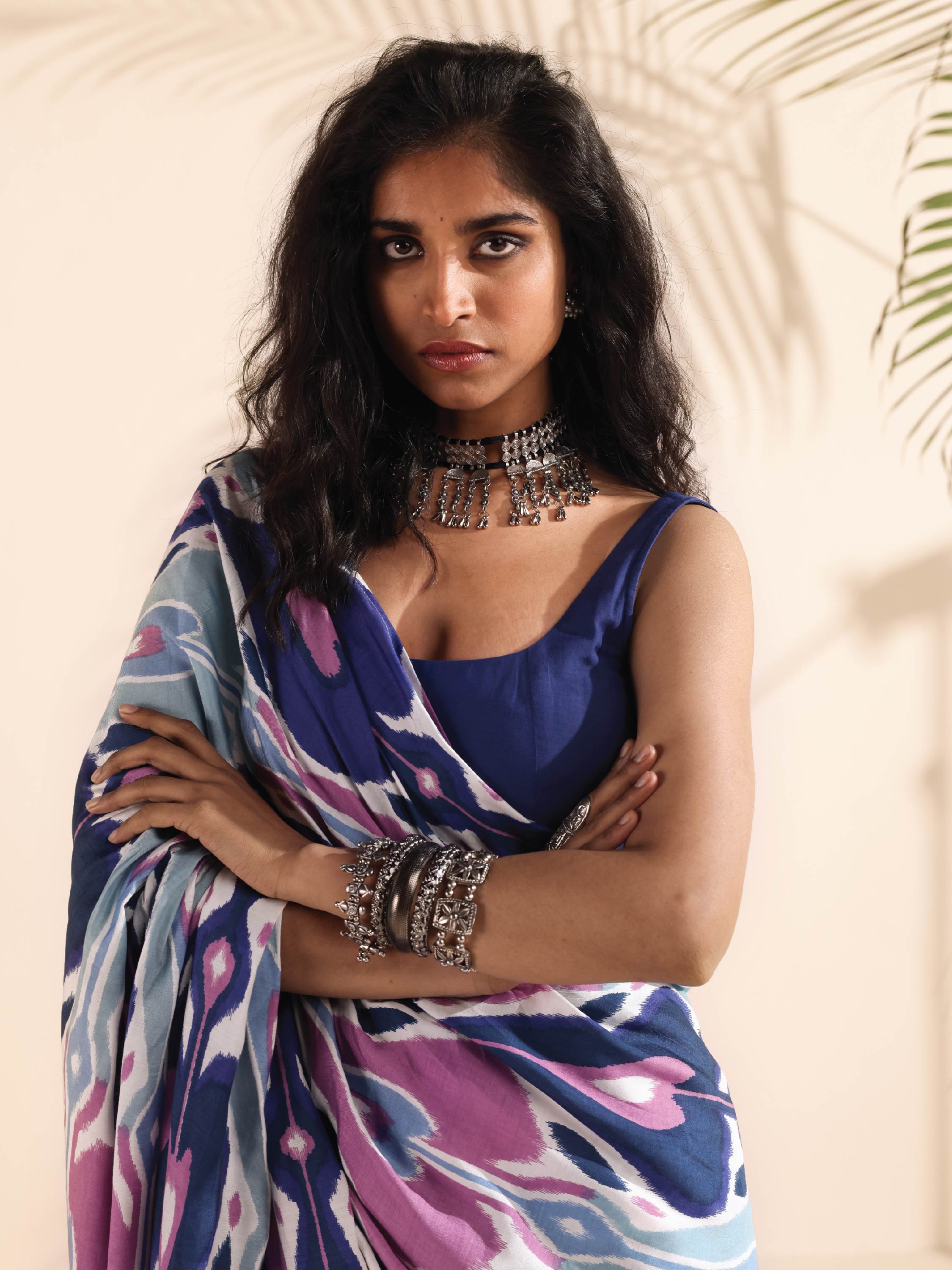 trueBrowns Blue Purple Muslin Ikat Saree | Grocsy