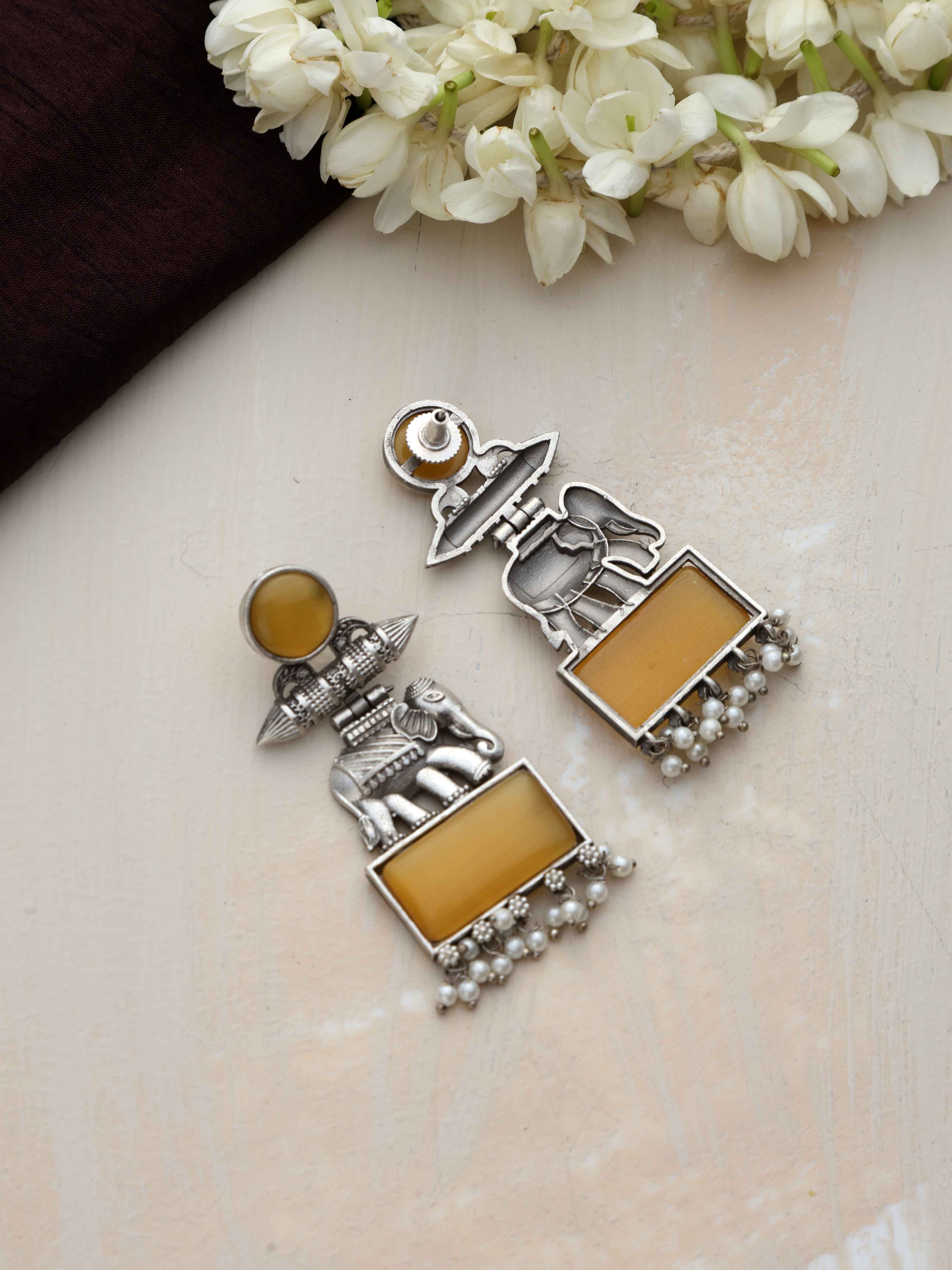 trueBrowns Silver Tone Yellow Stone Earrings | Grocsy