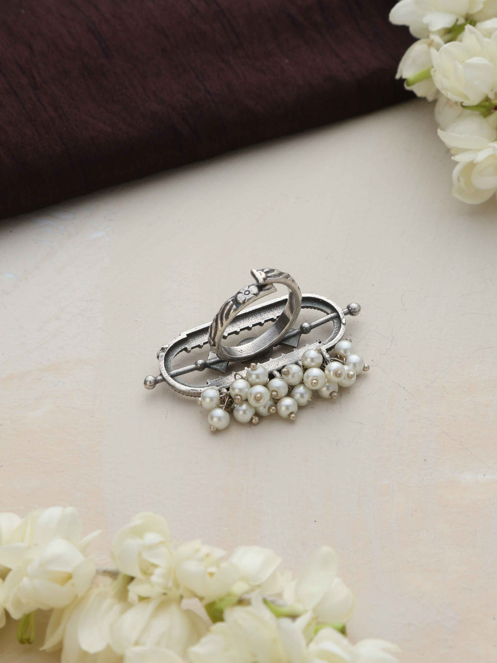 trueBrowns Silver Tone Pearl Drop Ring | Grocsy