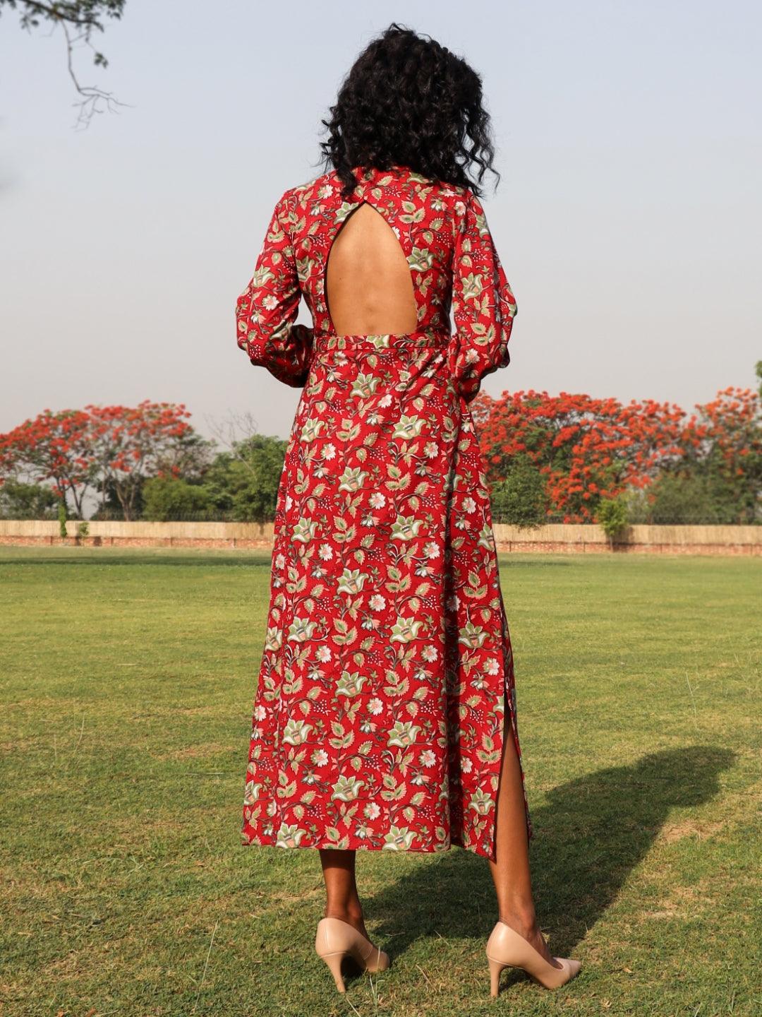 trueBrowns Red Cotton Block Print Backless Dress | Grocsy