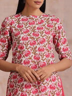 trueBrowns Pink Brown Overall Floral On White Block Print Cotton Slit Kurta Pant Set | Grocsy