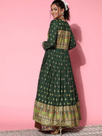 InWeave Women's Bottle Green Gold Border Anarkali Kurta | Grocsy