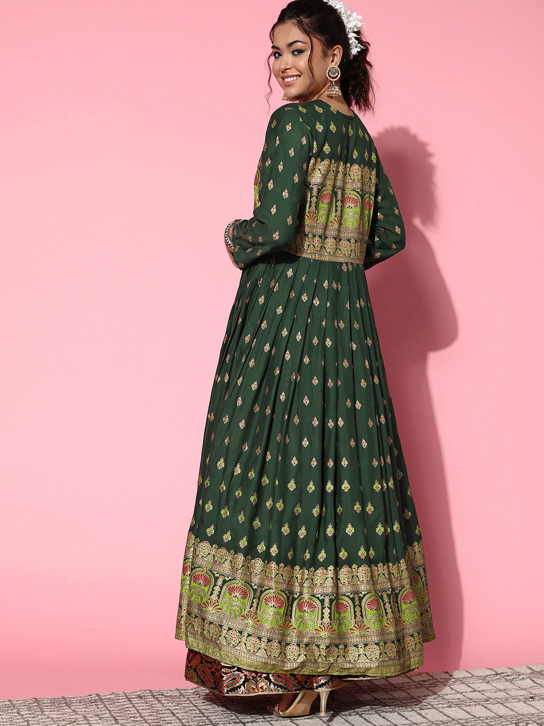 InWeave Women's Bottle Green Gold Border Anarkali Kurta | Grocsy