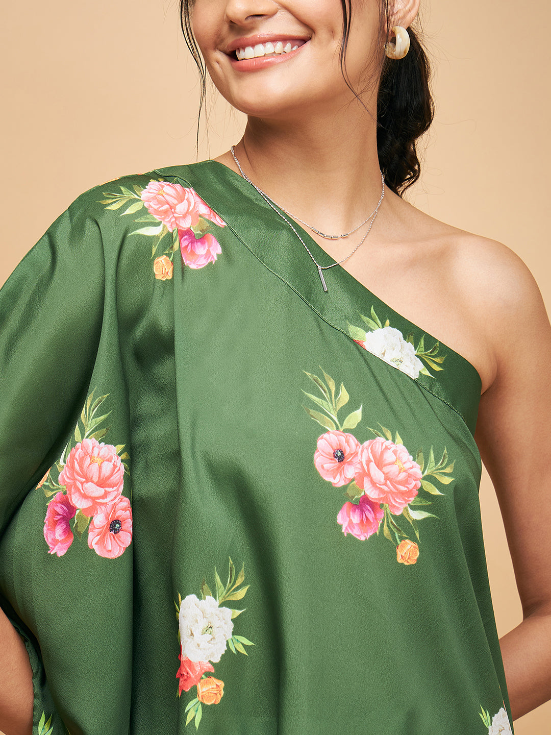 InWeave Women's Green Small Flower One Shoulder Kurta | Grocsy