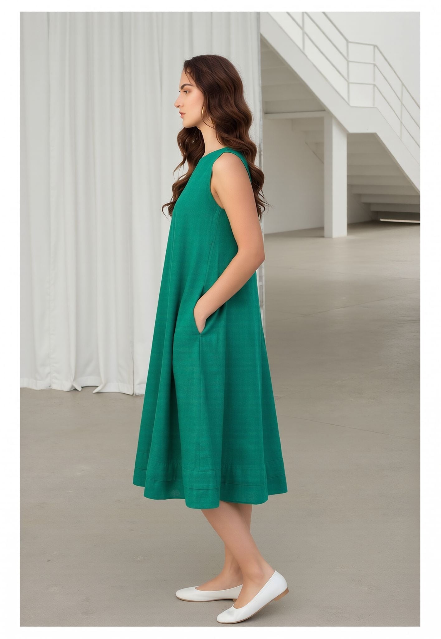 Myshka Women Green Linen A-Line Midi Dress with Full Sleeves Shirt | Grocsy