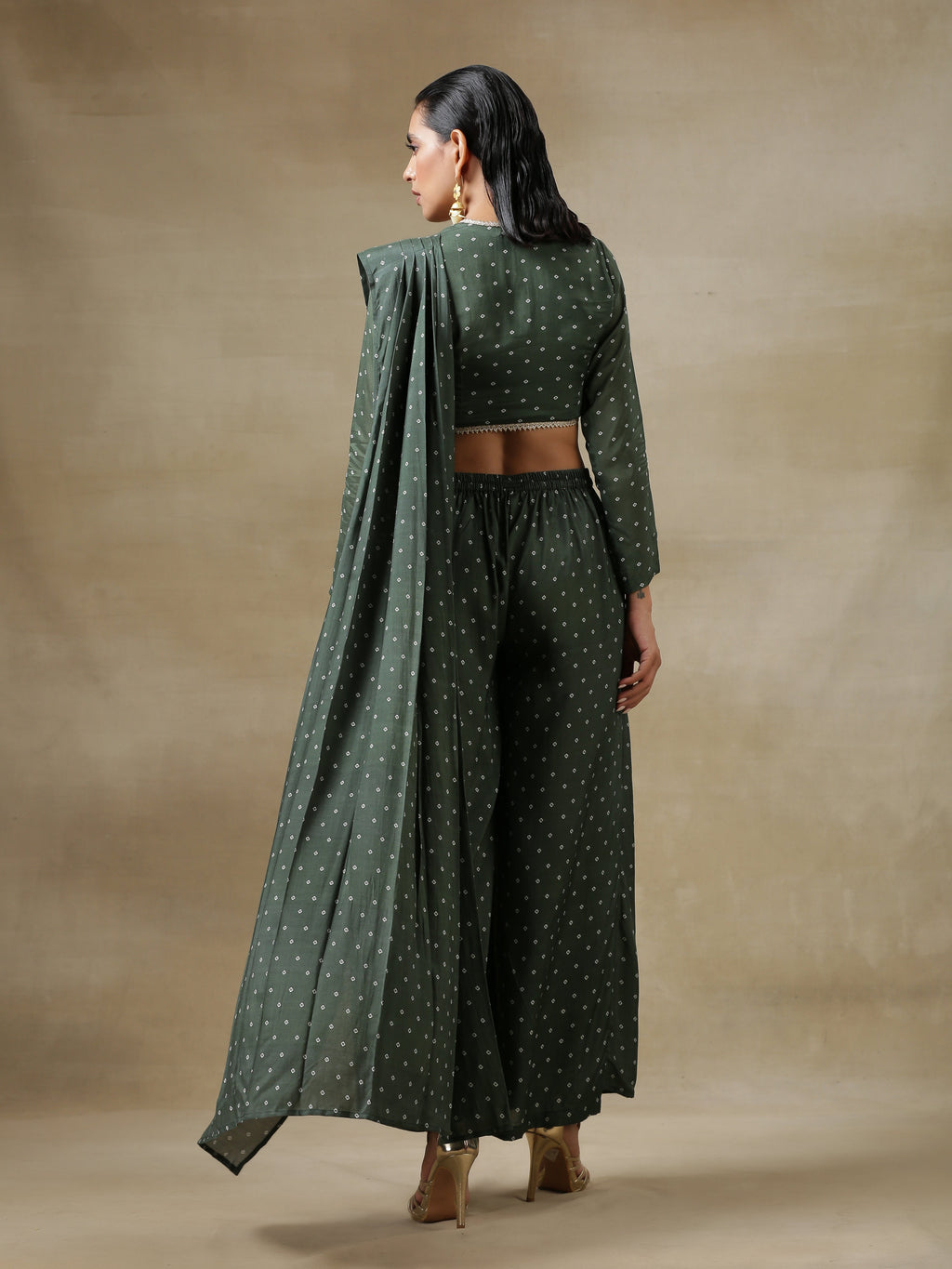 trueBrowns Dark Green Bandhani Printed Silk Palazzo Stitched Saree | Grocsy