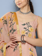 Ahalyaa Women Nude-Coloured Floral Printed Gotta Patti Kurta with Trousers & With Dupatta | Grocsy