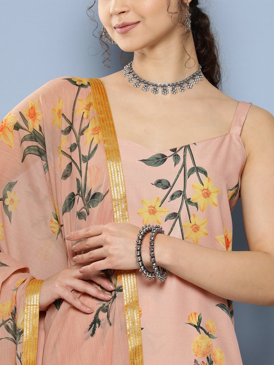 Ahalyaa Women Nude-Coloured Floral Printed Gotta Patti Kurta with Trousers & With Dupatta | Grocsy