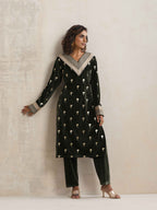 trueBrowns Green Velvet Floral Embroidered Kurta Pant Dupatta Set | Grocsy