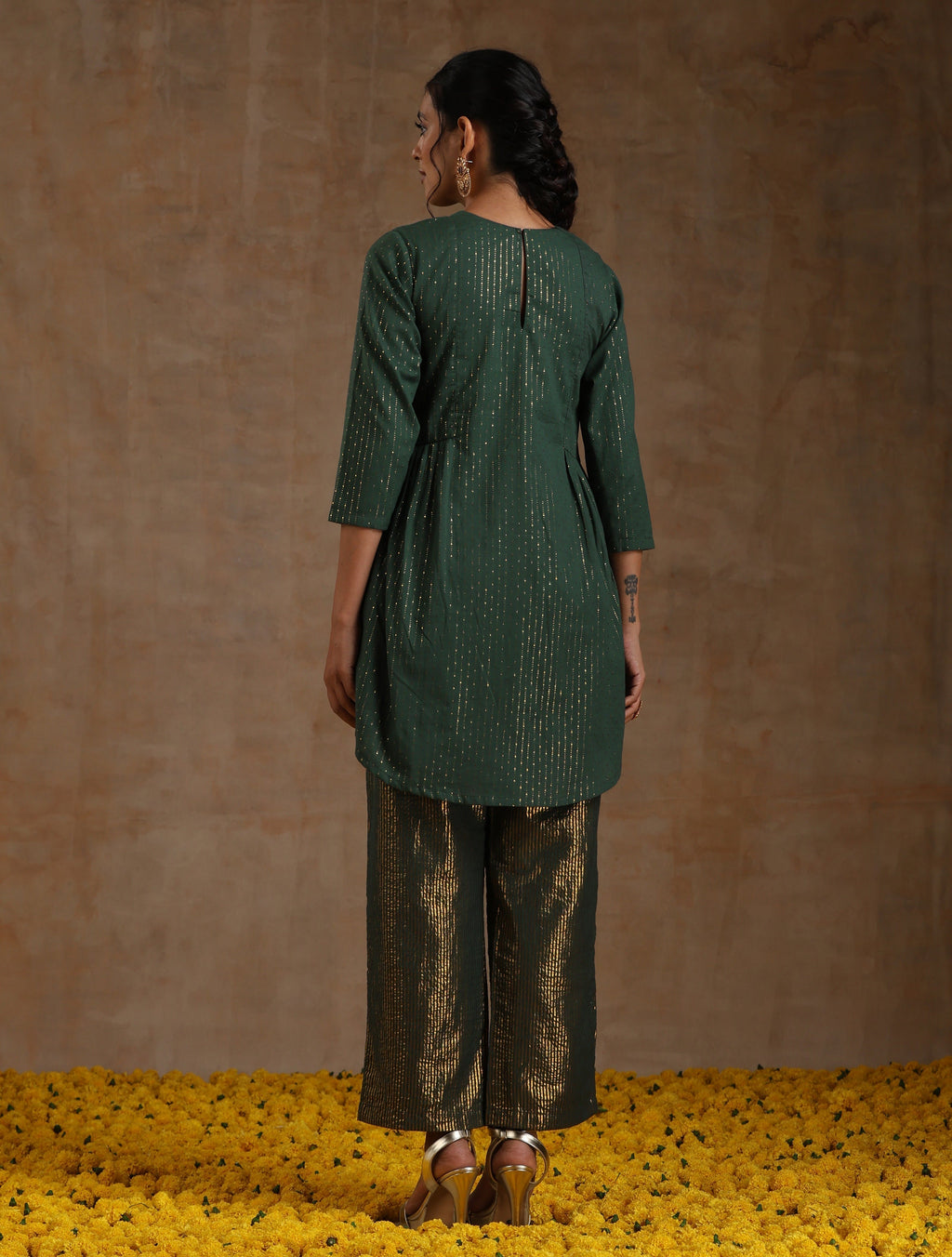 trueBrowns Dark Green Gold Cotton Side Gather Co-Ord Set | Grocsy