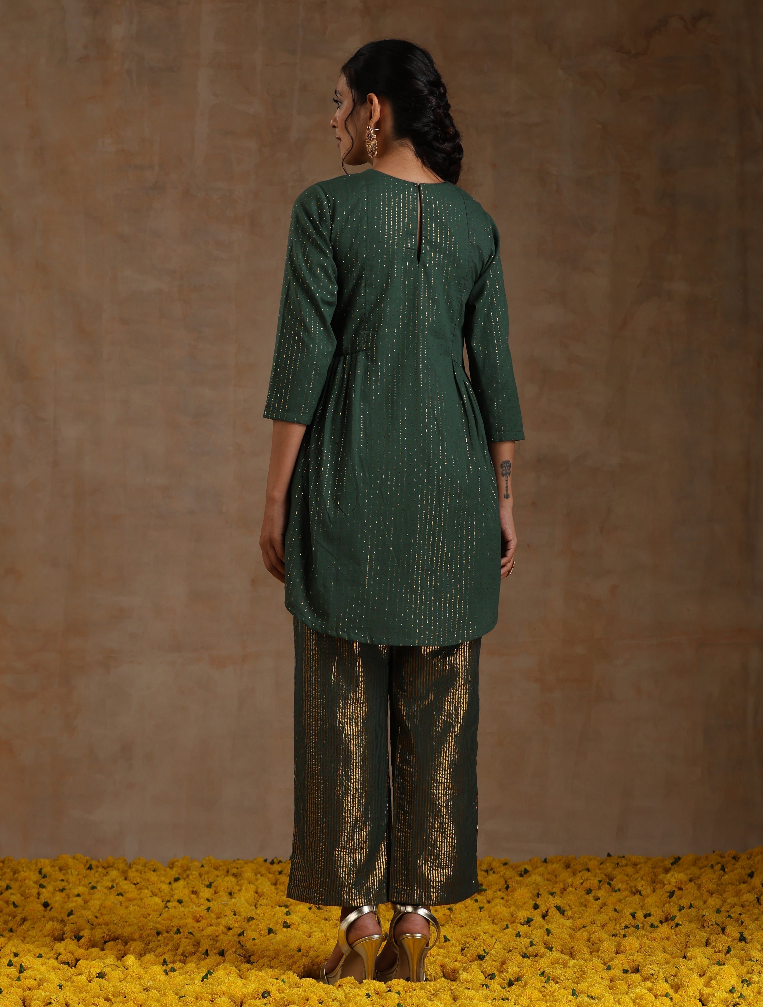 trueBrowns Dark Green Gold Cotton Side Gather Co-Ord Set | Grocsy