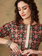 InWeave Women's Black Maroon Print Lace Gota Work Straight Kurta | Grocsy