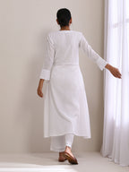 trueBrowns White Dobby Angrakha Kurta Pant Set | Grocsy