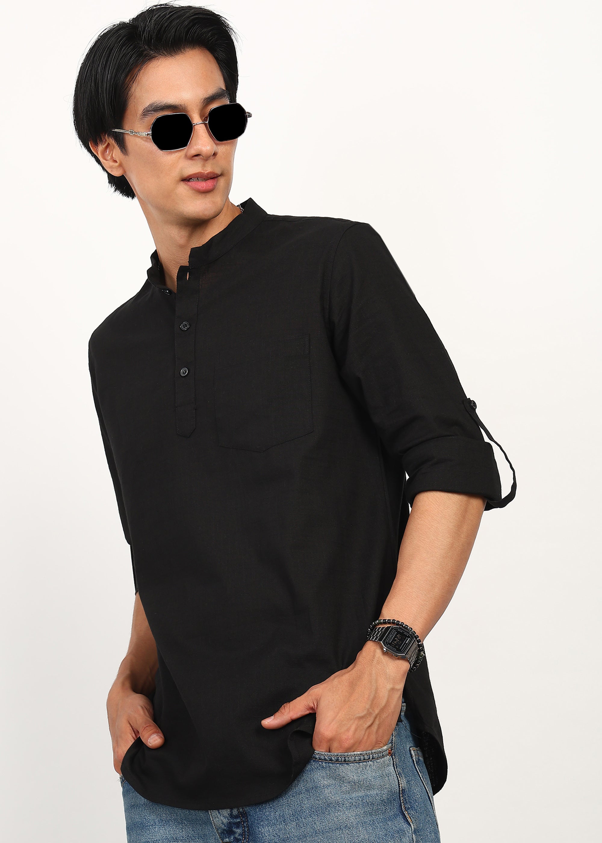 Fabmade Noir Linen Short Kurta | Grocsy