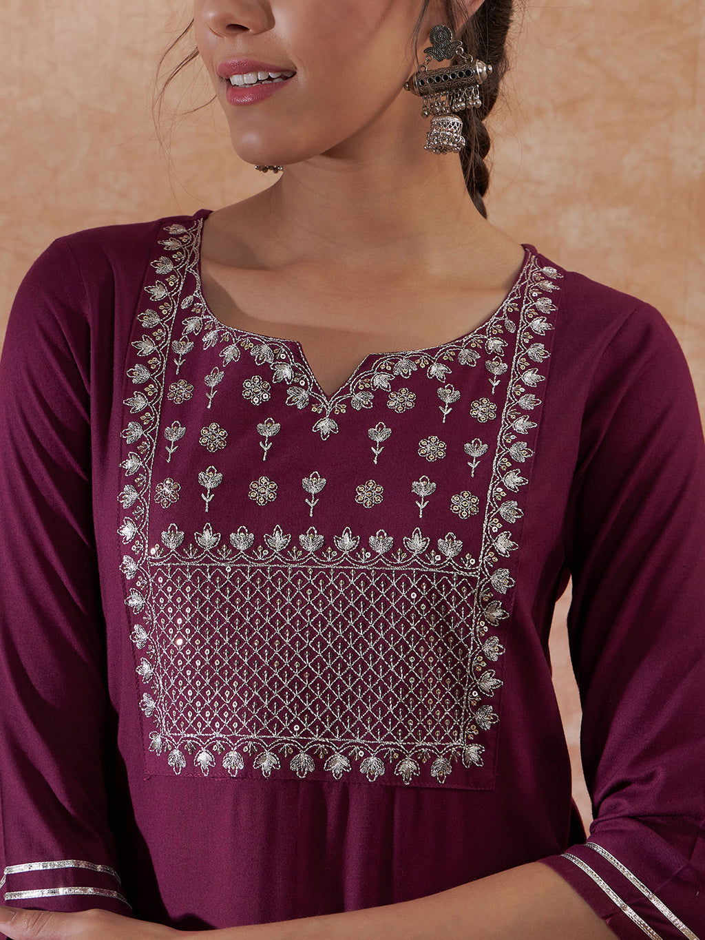InWeave Women's Burgundy Emb Assymetrical Kurta Pant Set | Grocsy
