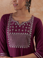 InWeave Women's Burgundy Emb Assymetrical Kurta Pant Set | Grocsy